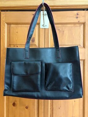Black Leather Tote Bag with Front Pockets and Red Flannel Lining